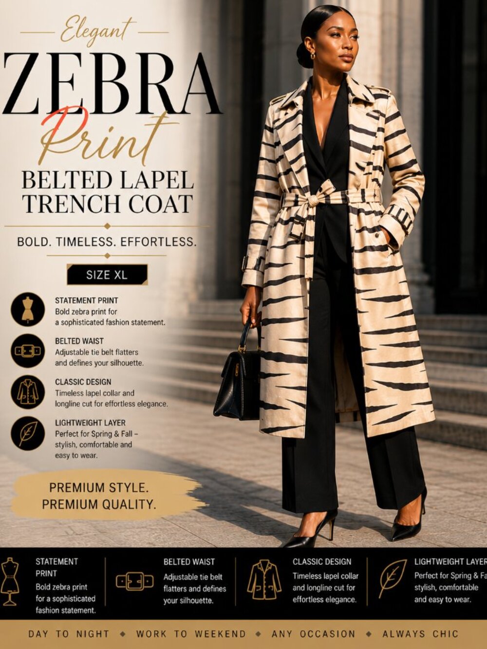 Women’s Zebra Print Belted Trench Coat Longline Statement Jacket XL